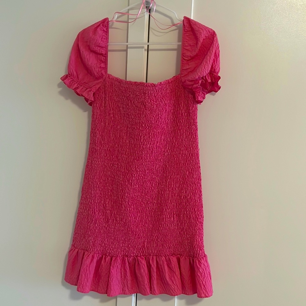 Gorgeous bubblegum pink smocked mini dress from Zara.